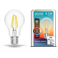 Лампа светодиодная диммируемая филаментная Gauss Smart Home Filament E27 6,5W 2000-6500K прозрачная 1220112 Image 1