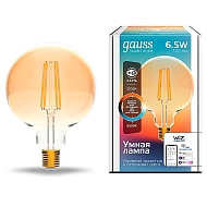 Лампа светодиодная диммируемая филаментная Gauss Smart Home Filament E27 6,5W 2000-5500K золотистая 1340112 Image 1